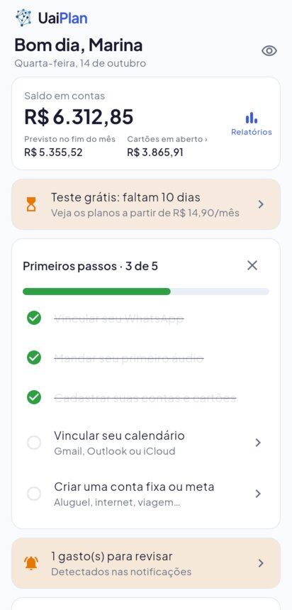 Tela inicial do app: saldo, compromissos de hoje e contas a pagar